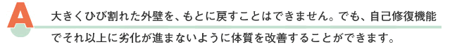 一度ひび割れた外壁を、もとに戻すことはできません。でも、それ以上に劣化が進まないように体質を改善することができます。